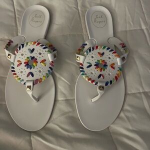 Jack Rogers White Sandals with Multicolor Braided Accents